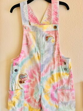 Kids Tie-Dye Pastel Short Overalls - Pink, Yellow & Blue